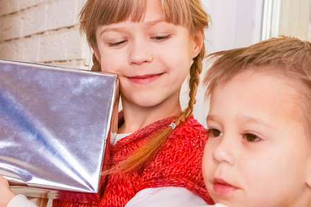 happy kids at home at christmasの写真素材