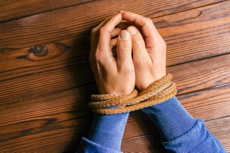 Hands tied with a rope life-threatening on a wooden background. Slavery in business is human abuse.の写真素材