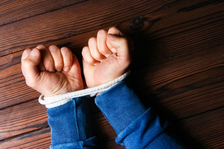 Hands tied with a rope life-threatening on a wooden background. Slavery in business is human abuse.の写真素材