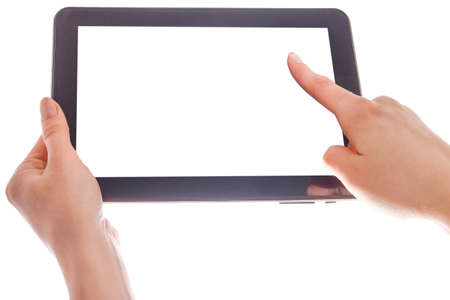 in human hands tablet computer touch-screen gadget with isolatedの写真素材