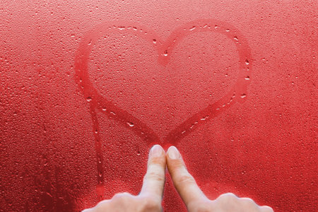 hand draws a heart on a glass window with drops background
