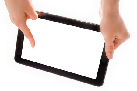 in human hands tablet computer touch-screen gadget with isolatedの写真素材