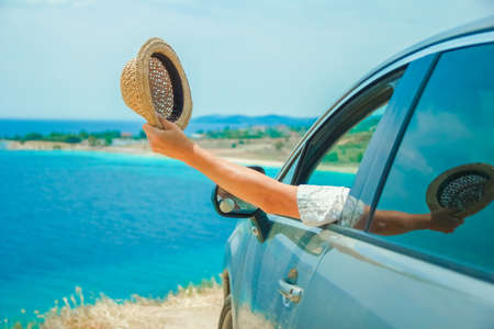 happy guy in auto sea backgroundの写真素材