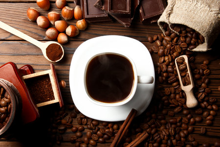coffee grinder and coffee background cupの写真素材