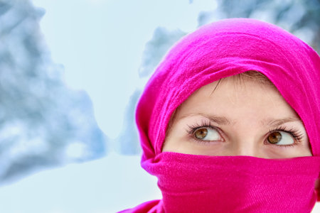 happy girl on the nature Portrait of winter in the parkの写真素材