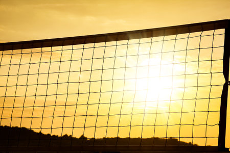 beautiful mesh volleyball silhouette on sea backgroundの写真素材
