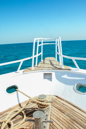 Stylishly beautiful ship yacht in the sea backgroundの写真素材