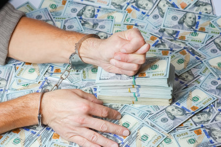 hands in handcuffs real estate business danger with dollars in pondemic conceptの写真素材