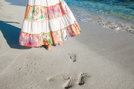 beautiful footprints with feet on the sand backgroundの写真素材