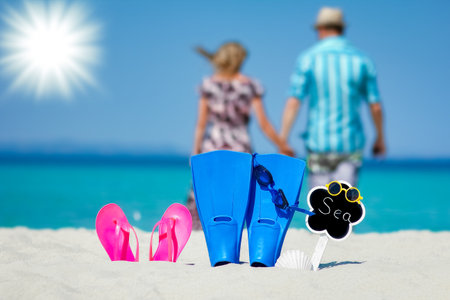 Happy couple at the seaside vacation travel weekendの写真素材