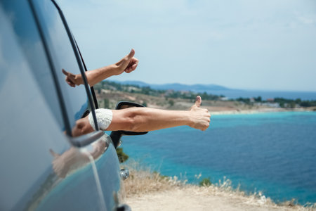 happy guy in auto sea backgroundの写真素材