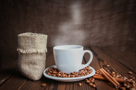a coffee bean bag on wooden backgroundの写真素材