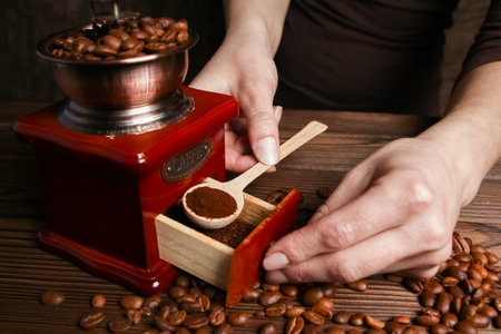a female  hands and coffee grinderの写真素材