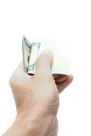 Money dollars in the hands on a white backgroundの写真素材