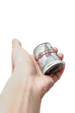 Money dollars in the hands on a white backgroundの写真素材