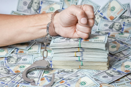 hands in handcuffs real estate business danger with dollars in pondemic conceptの写真素材
