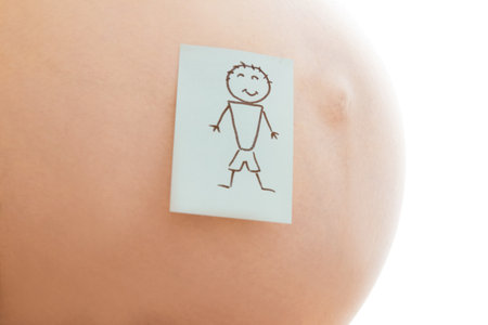 Pregnant girl on white background with stickersの写真素材