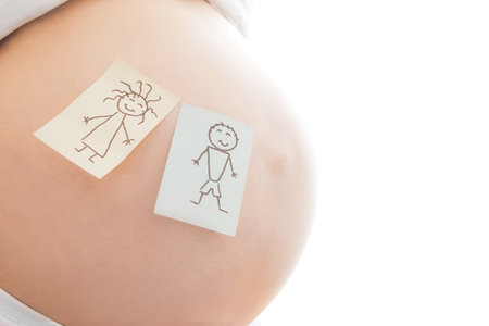 Pregnant girl on white background with stickersの写真素材
