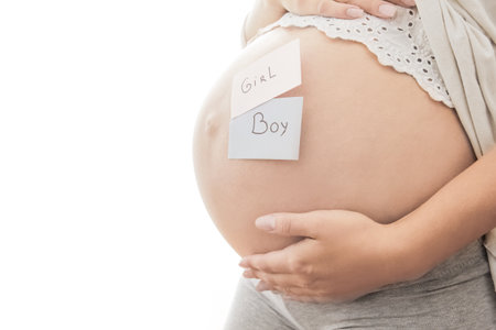 Pregnant girl on white background with stickersの写真素材