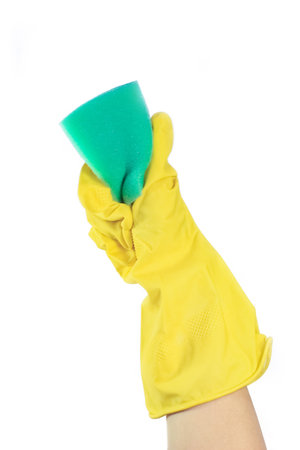 hands in gloves washing dishesの写真素材