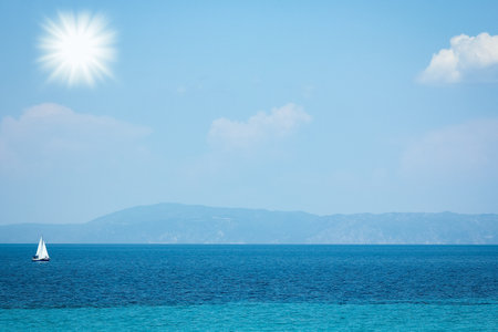 beautiful caravan yacht at sea on nature greece backgroundの写真素材
