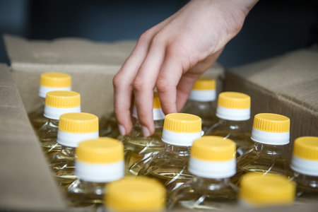 many bottles of sunflower oil in box with people  hand backgroundの写真素材