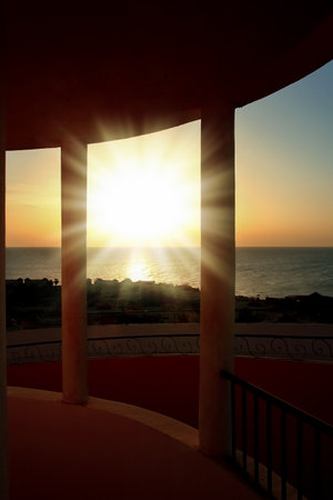Stylishly beautiful house on sea backgroundの写真素材