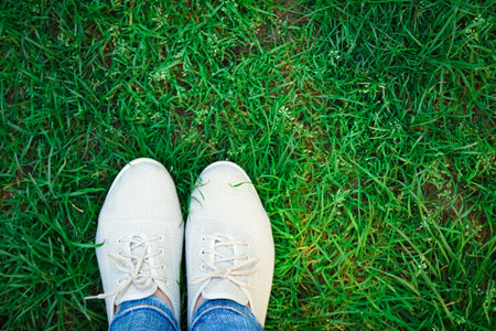 beautiful legs on the grass in a park on the natureの写真素材