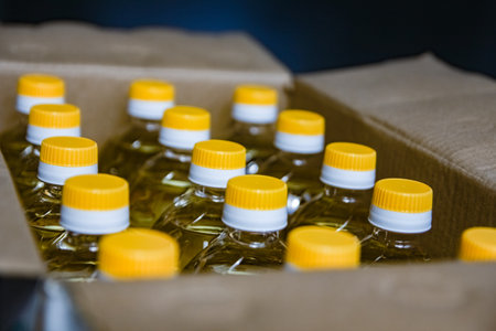 many bottles of sunflower oil in boxの写真素材