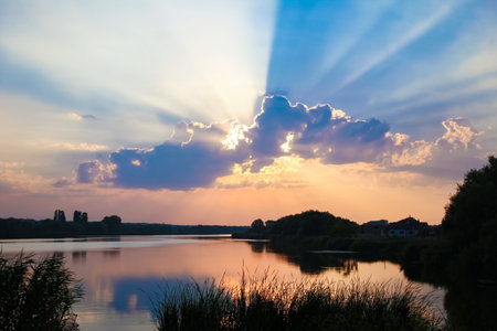 blue sunset sky reflection backgroundの写真素材