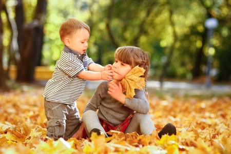 happy child playing in a park in autumn outdoorsの写真素材