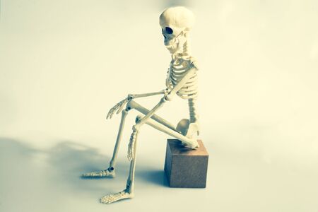 artificial human skeleton sitting with a box on his skullの写真素材