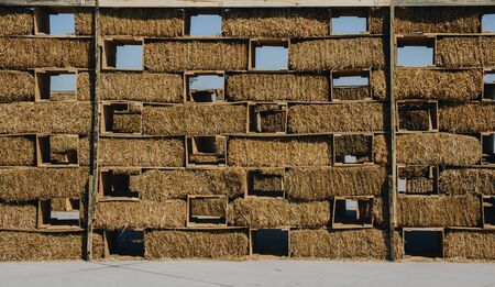 Harvesting in agriculture bales of hay are stacked in large stacks
