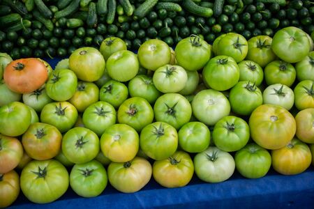 Green unripe tomato at grocery store for food backgrounds conceptの写真素材