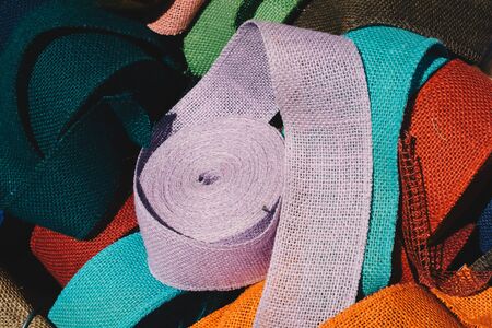Belts with different colores  as element of clothing designの写真素材