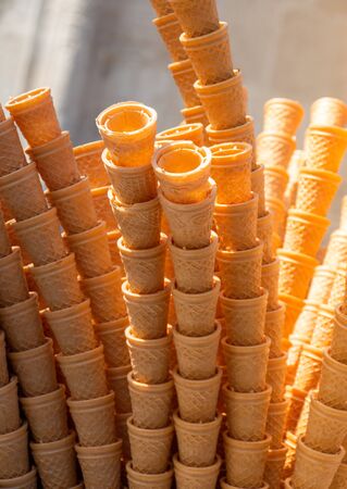 Empty Waffle Ice Cream Cones in the viewの写真素材