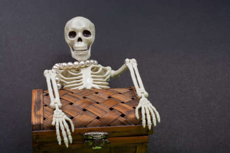 Skeleton holding a treasure chest.  Death concept
