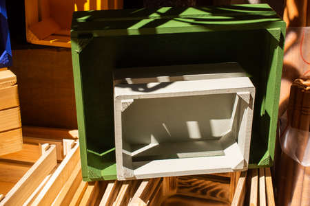 Colorful wooden box, packaging crates or crated containers for delivery or shippingの写真素材