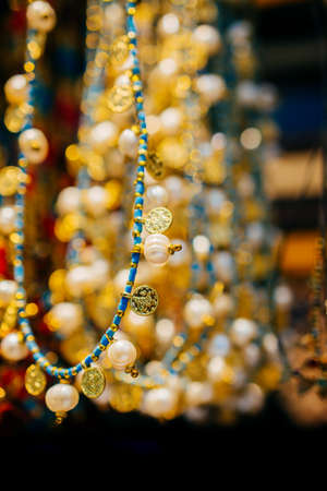 Various colorful beads in the market. Necklace of colorful beadsの写真素材