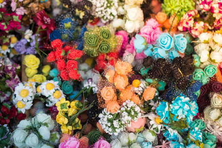 Floral art made of colorful artificial roses  in view