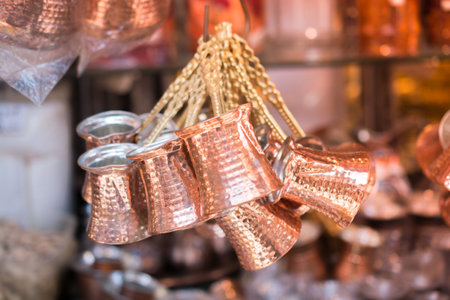 Turkish coffee pots made of metal in a traditional styleの写真素材