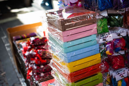 Wooden empty crate box for sale in a marketの写真素材