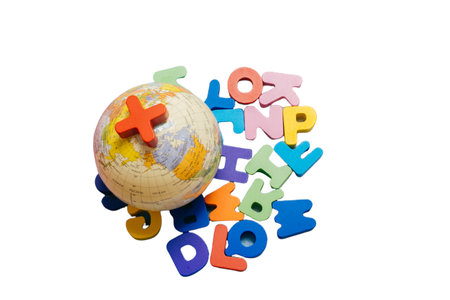 Colored wooden letters of the English alphabet on a white background, copy spaceの写真素材