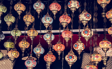 Mosaic colorful Ottoman lamps from Bazaar in Istanbulの写真素材