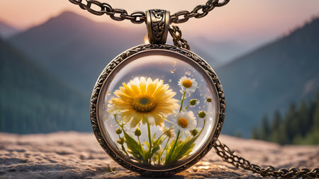 Beautiful pendant with flowers in resin. Flower in crystal clear resin pendant necklace.  AI generated image, aiの素材