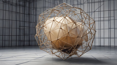 Wireframe of Abstract polygonal geometric shape with mesh net dots lines and connections . Trendy  geometric abstract shapes.   AI generated image, aiの素材