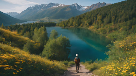 Hiker on trek with backpack living healthy active lifestyle. Hiker walking on hike in mountain nature landscape . AI generated image, aiの素材