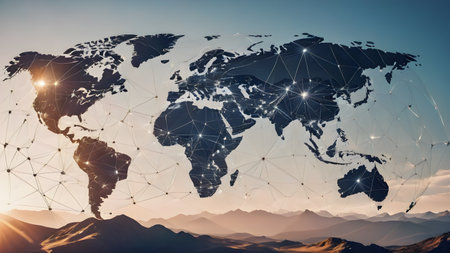 Polygonal mesh map of world. as lobalization internet and technology, travel, internet, earth or other concept.   AI generated image, aiの素材
