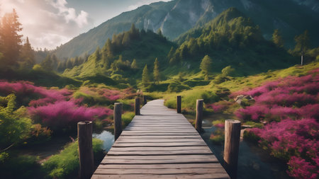 Artifical Intelligence generated vivid colorful landscape scenery. Floral background in nature on the mountains.  AI generated imageの素材