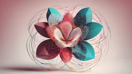 Abstract polygonal flower wireframe with mesh net dots lines and connections . Futuristic creative polygonal flower as science and beauty innovation concept..  AI generated image, aiの素材